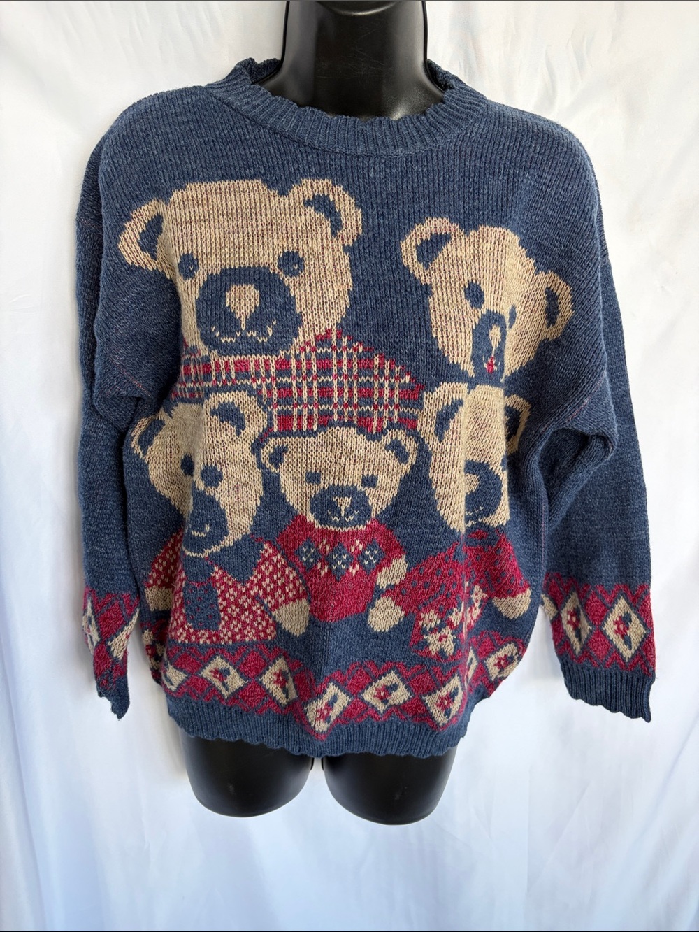 Vtg Adele Retro 80's Bear Family Sweater, sz L, Blue & Red, 21” PTP, 25” L